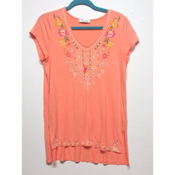 Women's Cupio Top Embroidered Coral Stretch Knit Top Size M/L long Beautiful EUC - Picture 8 of 8